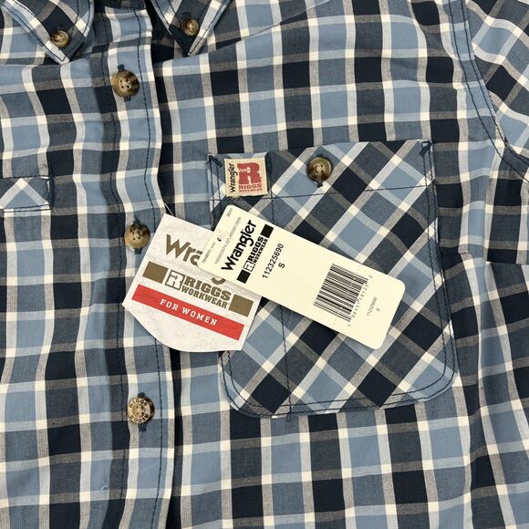 New Women’s Wrangler Riggs Workwear Button Down SS Shirt Small NWT Plaid Blue - Picture 3 of 8